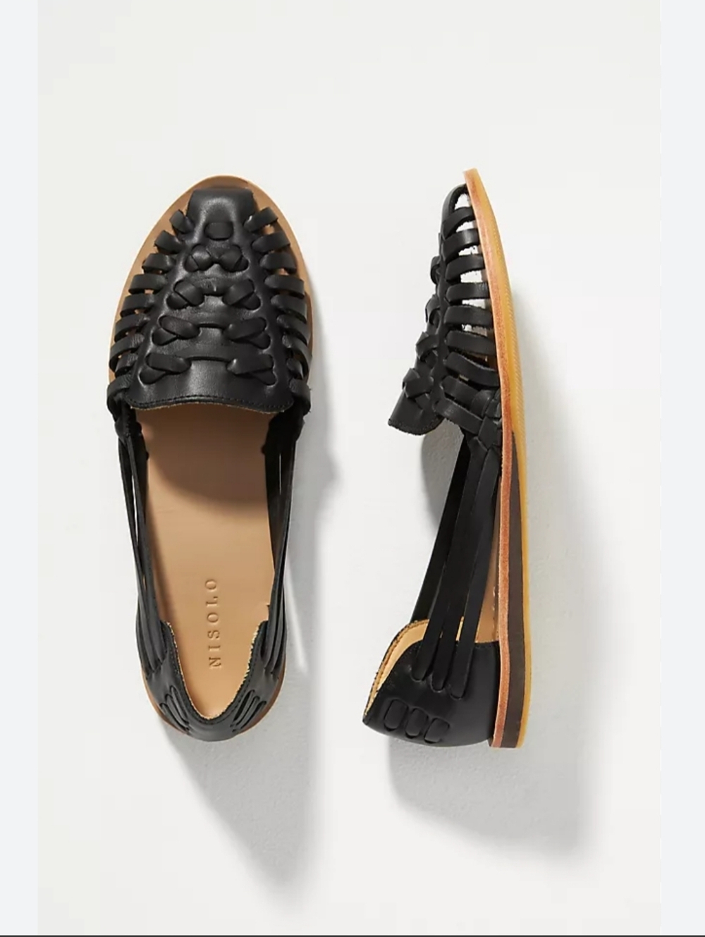 Nisolo Black Woven Leather Huarache Flats with Natural Sole